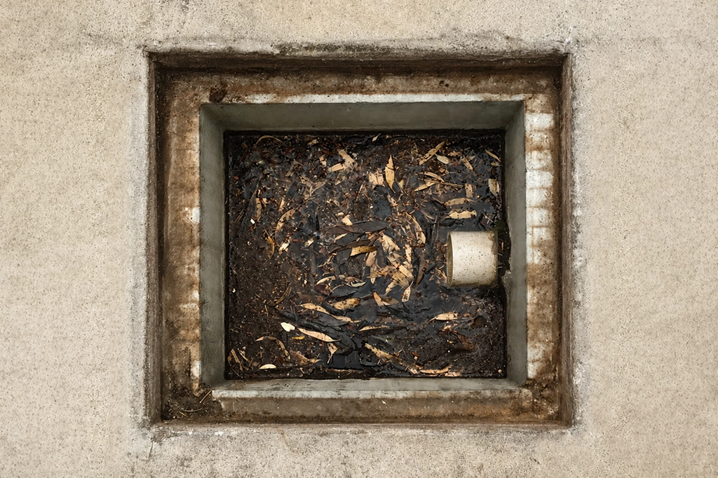 Gutter Sukker - Gutter Cleaning Adelaide home page photo of a sump that is full of leaves and sludge.